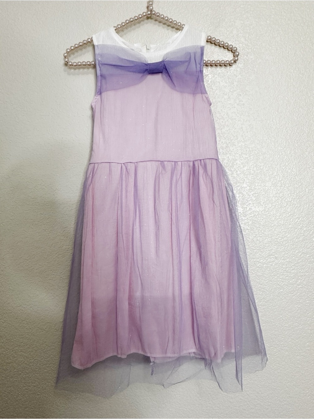 NWT Girls Formal Party Size 7-8 Purple Bow Lace Sleeveless Tulle Dress